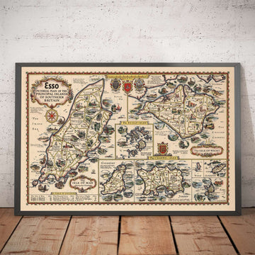Viejo Mapa de Coche de Islas Británicas - Isla de Wight, Scilly, Hombre, Jersey, Guernsey