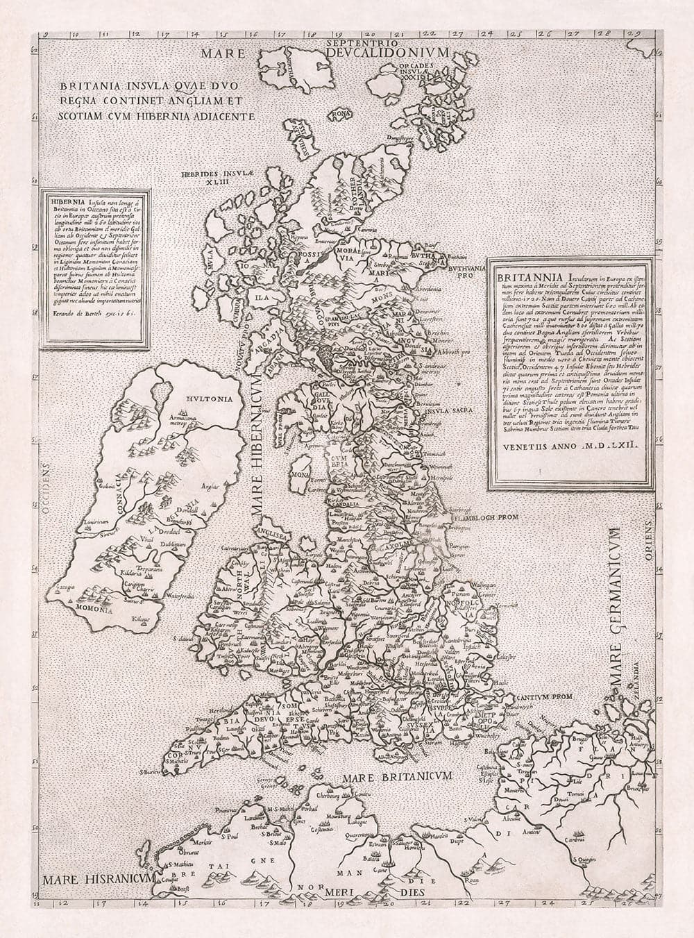 Very Old Map of the British Isles, 1562 by George Lily - First True Map of Great Britain and Ireland - Bertelli & Lafreri Version of George Lily's Map