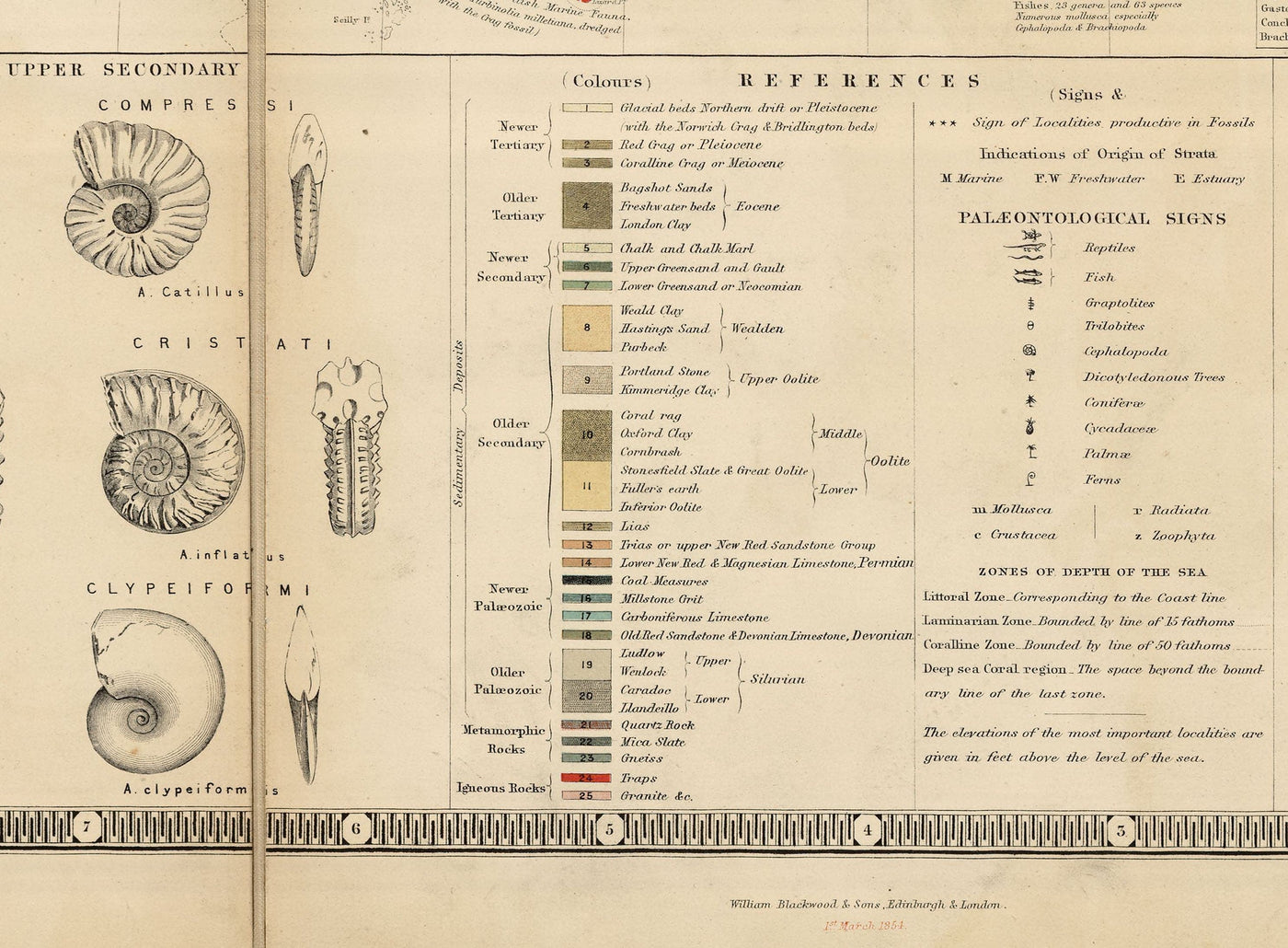 Old Geology & Fossil Map of the British Isles, 1854, by A.K. Johnston and Edward Forbes - UK, Scotland, Ireland, Palaeontology