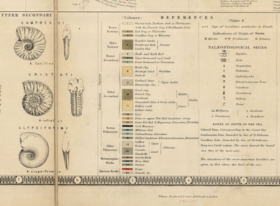 Old Geology & Fossil Map of the British Isles, 1854, by A.K. Johnston and Edward Forbes - UK, Scotland, Ireland, Palaeontology