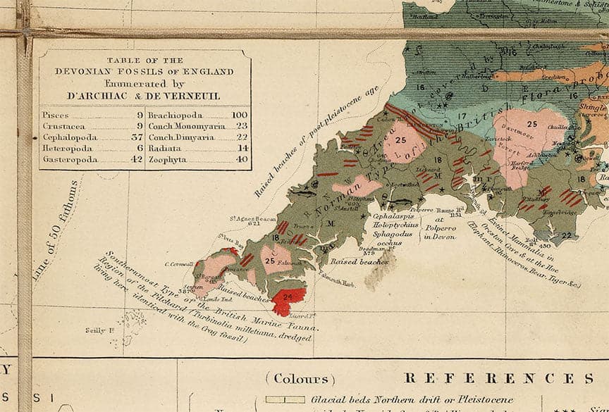 Old Geology & Fossil Map of the British Isles, 1854, by A.K. Johnston and Edward Forbes - UK, Scotland, Ireland, Palaeontology