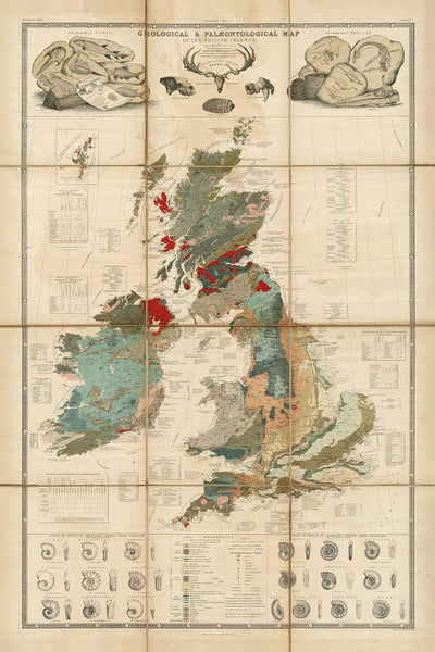 Old Geology & Fossil Map of the British Isles, 1854, by A.K. Johnston and Edward Forbes - UK, Scotland, Ireland, Palaeontology