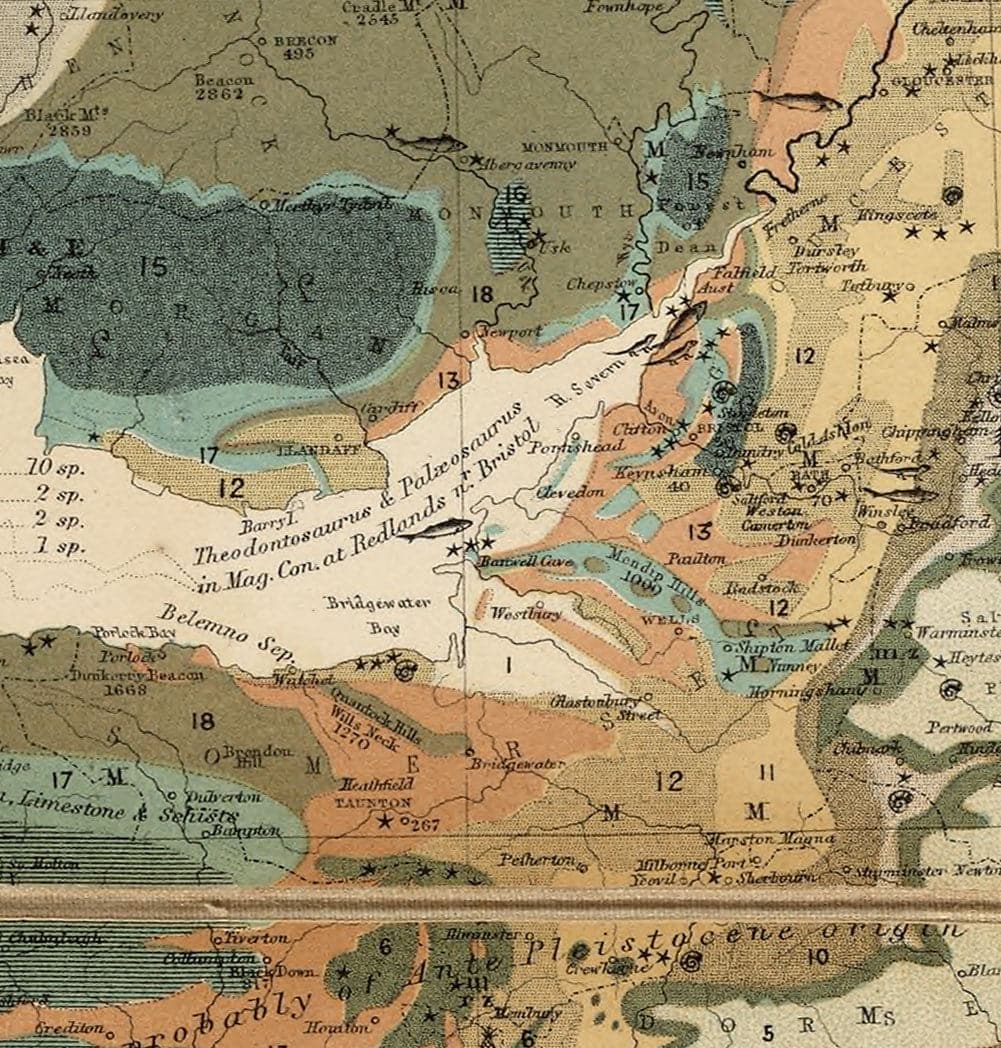 Old Geology & Fossil Map of the British Isles, 1854, by A.K. Johnston and Edward Forbes - UK, Scotland, Ireland, Palaeontology