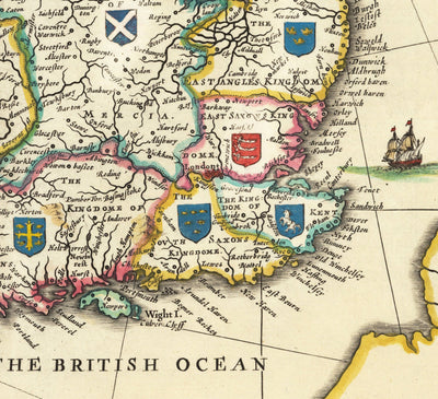 Ancienne carte viking de la Grande-Bretagne en 1645 par Jan Jansson - Héptarchie anglo-saxonne en Angleterre, Écosse et Pays de Galles 