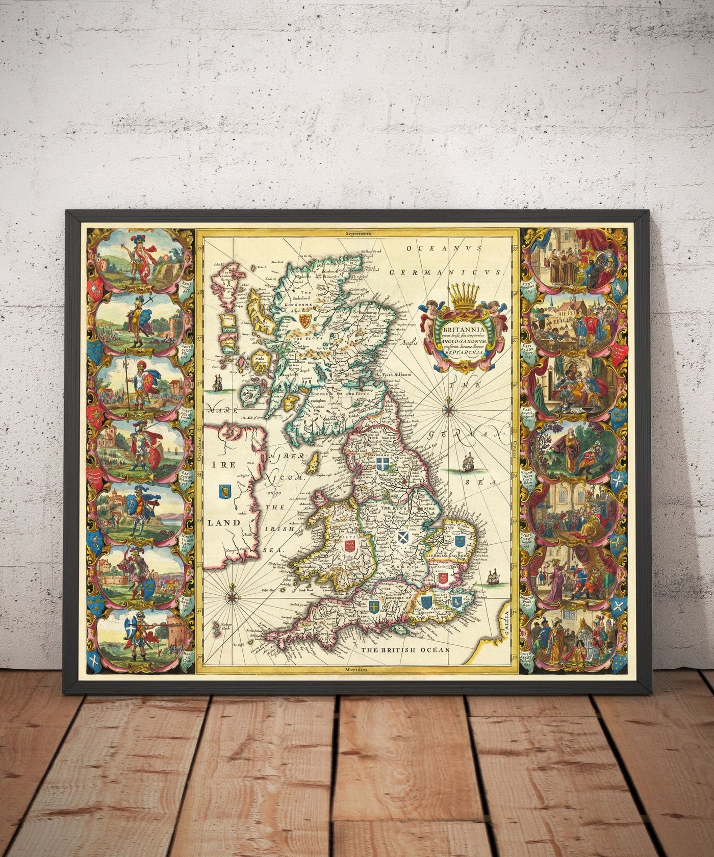 Ancienne carte viking de la Grande-Bretagne en 1645 par Jan Jansson - Héptarchie anglo-saxonne en Angleterre, Écosse et Pays de Galles 
