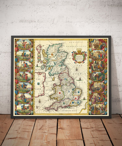 Ancienne carte viking de la Grande-Bretagne en 1645 par Jan Jansson - Héptarchie anglo-saxonne en Angleterre, Écosse et Pays de Galles 