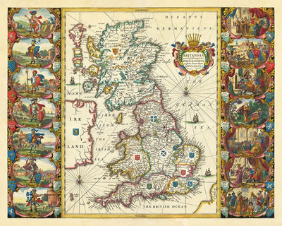 Ancienne carte viking de la Grande-Bretagne en 1645 par Jan Jansson - Héptarchie anglo-saxonne en Angleterre, Écosse et Pays de Galles 