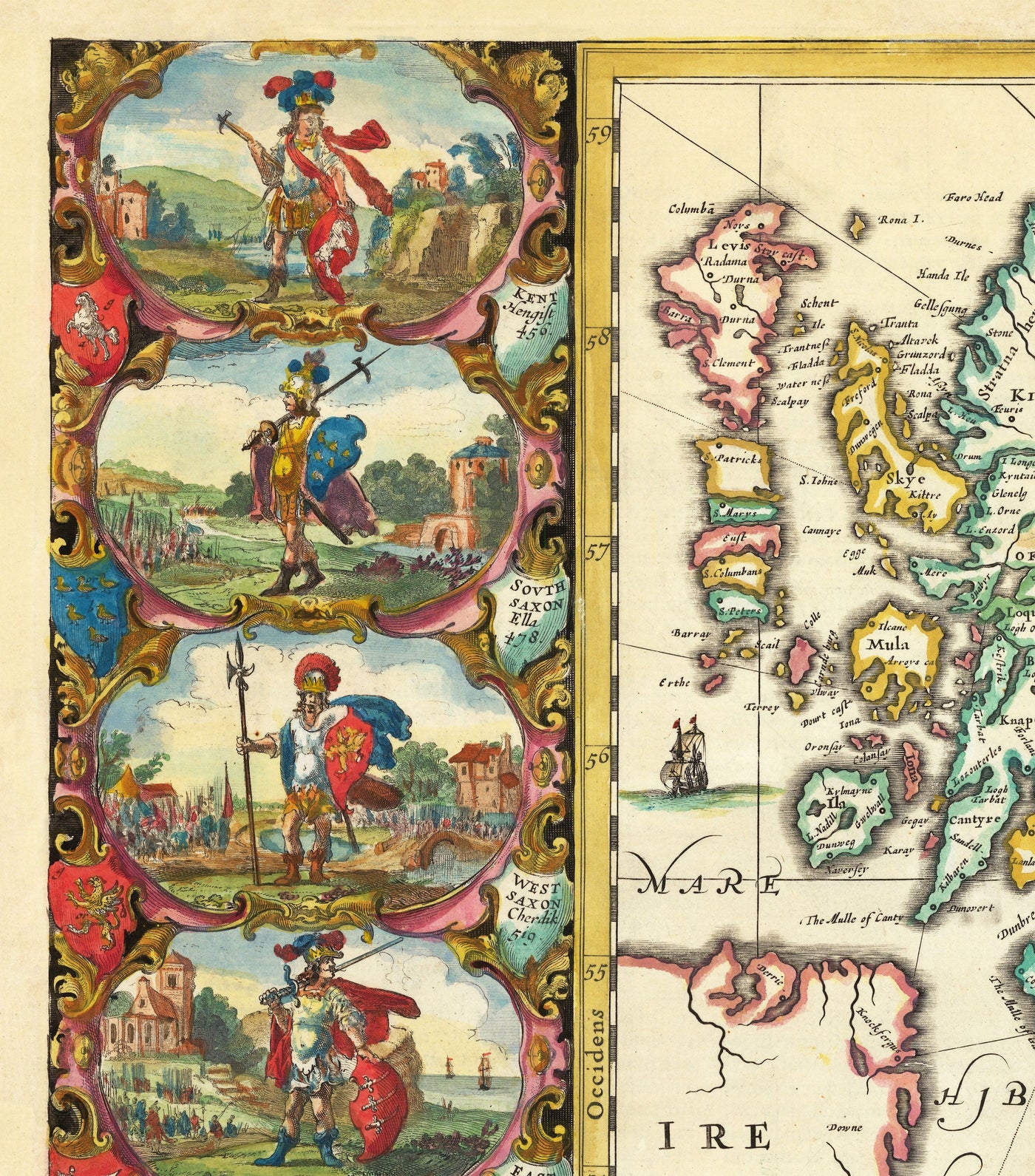 Ancienne carte viking de la Grande-Bretagne en 1645 par Jan Jansson - Héptarchie anglo-saxonne en Angleterre, Écosse et Pays de Galles 
