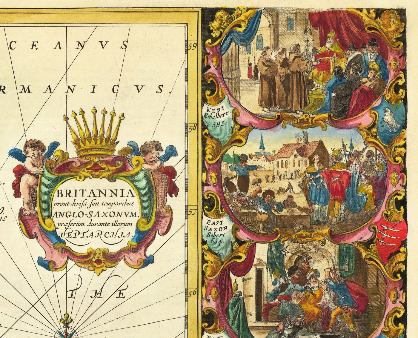 Ancienne carte viking de la Grande-Bretagne en 1645 par Jan Jansson - Héptarchie anglo-saxonne en Angleterre, Écosse et Pays de Galles 