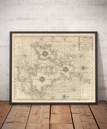 Old British Isles Navigation Chart, 1752 by Page & Mount - Ports, Sailing Distances in Leagues, English Channel