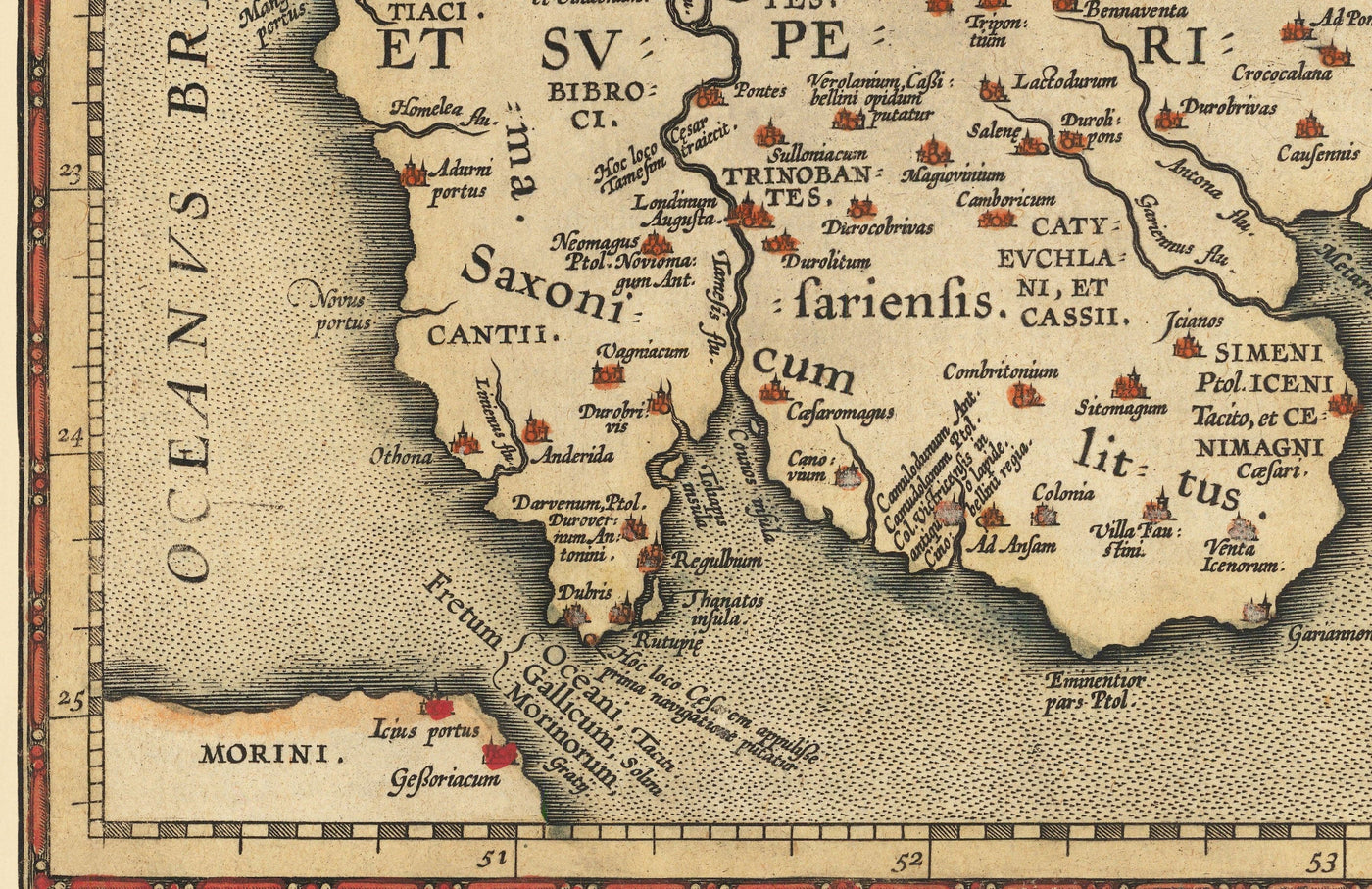 Viejo mapa de Islas Británicas por Abraham Ortelius, 1595 - Inglaterra, Irlanda, Gales, Escocia - Britannia, Hibernia
