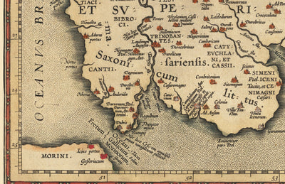 Viejo mapa de Islas Británicas por Abraham Ortelius, 1595 - Inglaterra, Irlanda, Gales, Escocia - Britannia, Hibernia