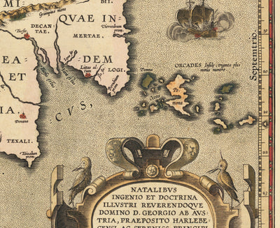 Viejo mapa de Islas Británicas por Abraham Ortelius, 1595 - Inglaterra, Irlanda, Gales, Escocia - Britannia, Hibernia