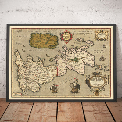 Viejo mapa de Islas Británicas por Abraham Ortelius, 1595 - Inglaterra, Irlanda, Gales, Escocia - Britannia, Hibernia