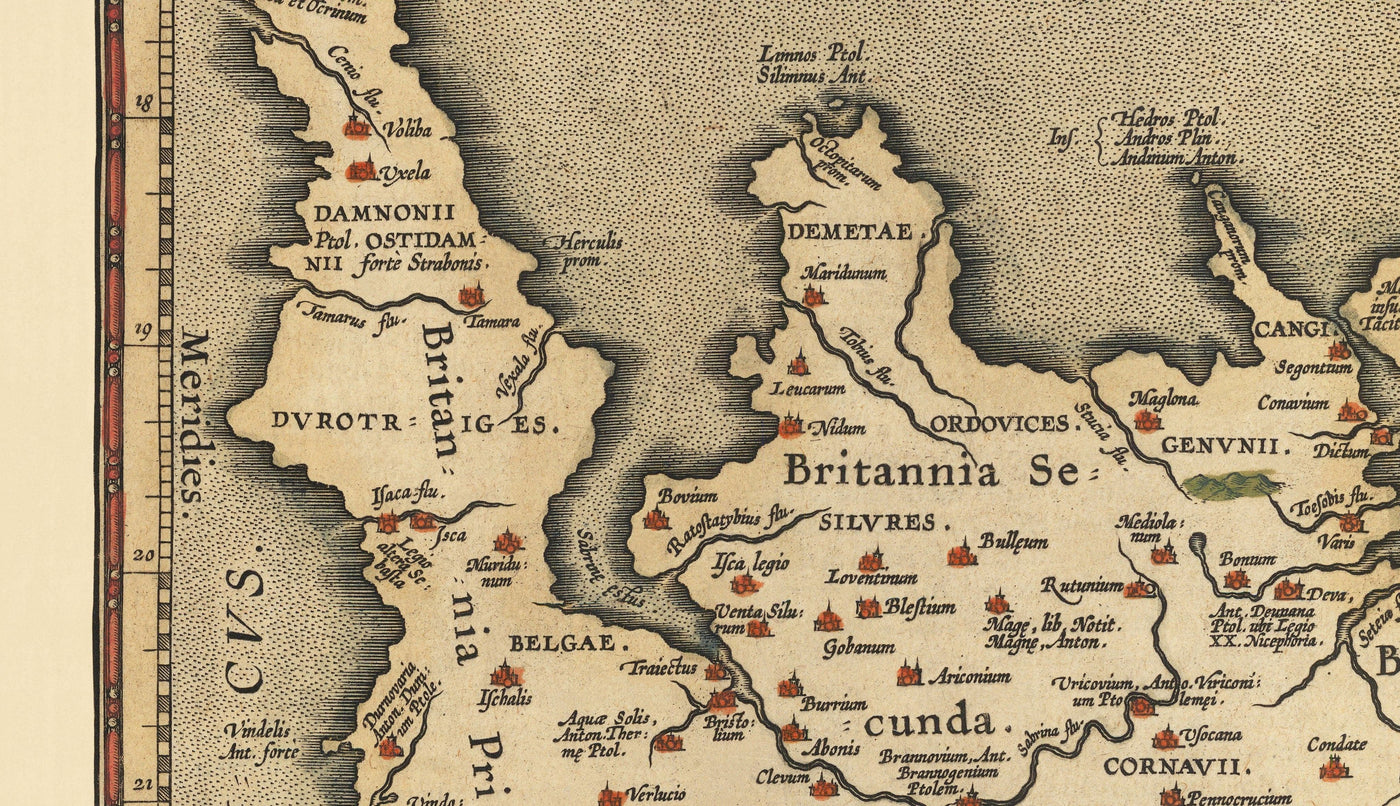 Viejo mapa de Islas Británicas por Abraham Ortelius, 1595 - Inglaterra, Irlanda, Gales, Escocia - Britannia, Hibernia