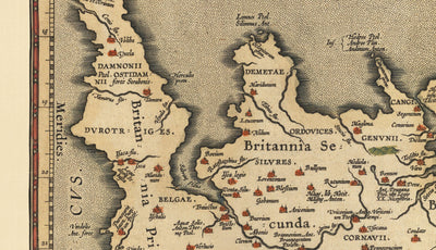 Viejo mapa de Islas Británicas por Abraham Ortelius, 1595 - Inglaterra, Irlanda, Gales, Escocia - Britannia, Hibernia