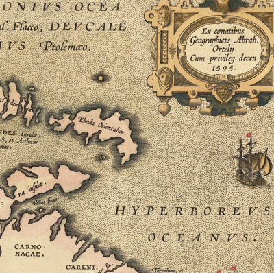 Viejo mapa de Islas Británicas por Abraham Ortelius, 1595 - Inglaterra, Irlanda, Gales, Escocia - Britannia, Hibernia