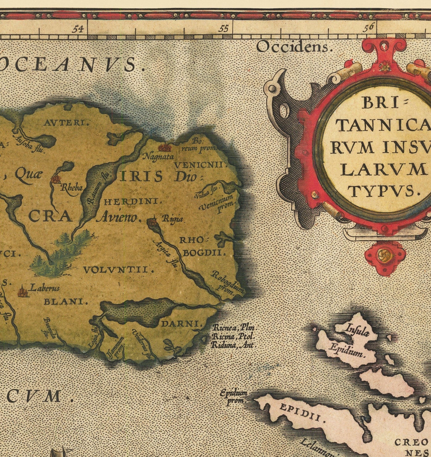 Viejo mapa de Islas Británicas por Abraham Ortelius, 1595 - Inglaterra, Irlanda, Gales, Escocia - Britannia, Hibernia