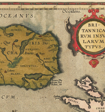 Viejo mapa de Islas Británicas por Abraham Ortelius, 1595 - Inglaterra, Irlanda, Gales, Escocia - Britannia, Hibernia