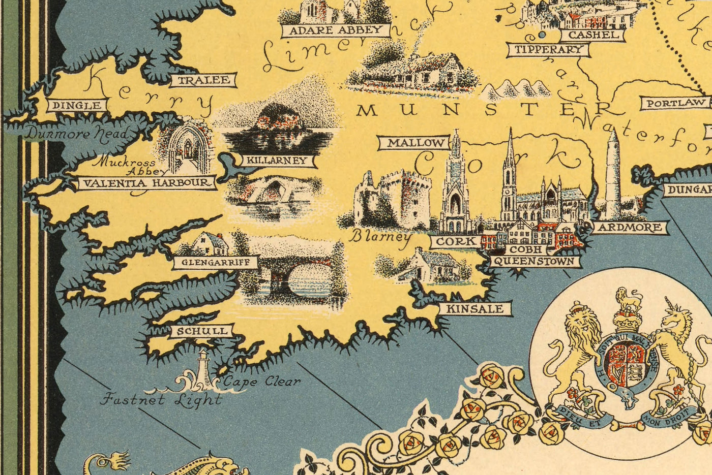 Old Pictorial Map of the British Isles, 1939 by Ernest Dudley Chase - Illustrated Landmarks, Cities, Five Nations