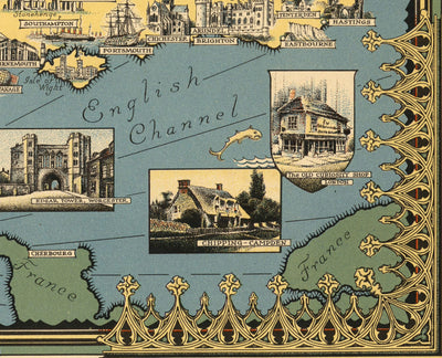 Old Pictorial Map of the British Isles, 1939 by Ernest Dudley Chase - Illustrated Landmarks, Cities, Five Nations