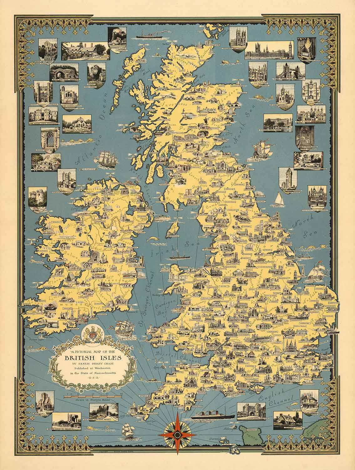 Old Pictorial Map of the British Isles, 1939 by Ernest Dudley Chase - Illustrated Landmarks, Cities, Five Nations