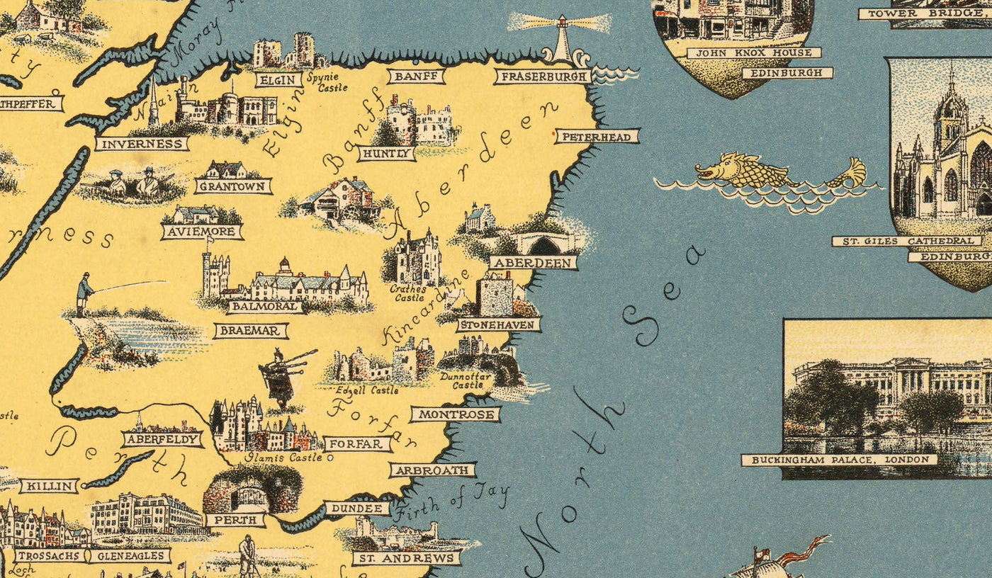 Old Pictorial Map of the British Isles, 1939 by Ernest Dudley Chase - Illustrated Landmarks, Cities, Five Nations