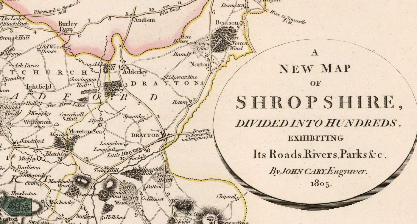 Alte Karte von Shropshire im Jahr 1805 von John Cary - Shrewsbury, Bridgnorth, Ludlow, Ironbridge, Oswestry 