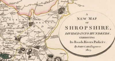 Alte Karte von Shropshire im Jahr 1805 von John Cary - Shrewsbury, Bridgnorth, Ludlow, Ironbridge, Oswestry 