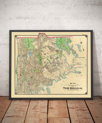 Ancienne carte du Bronx en 1900 par Hyde and Co - New York City, Pelham Bay Park, Hunter Island, Botanical Garden, Harlem River
