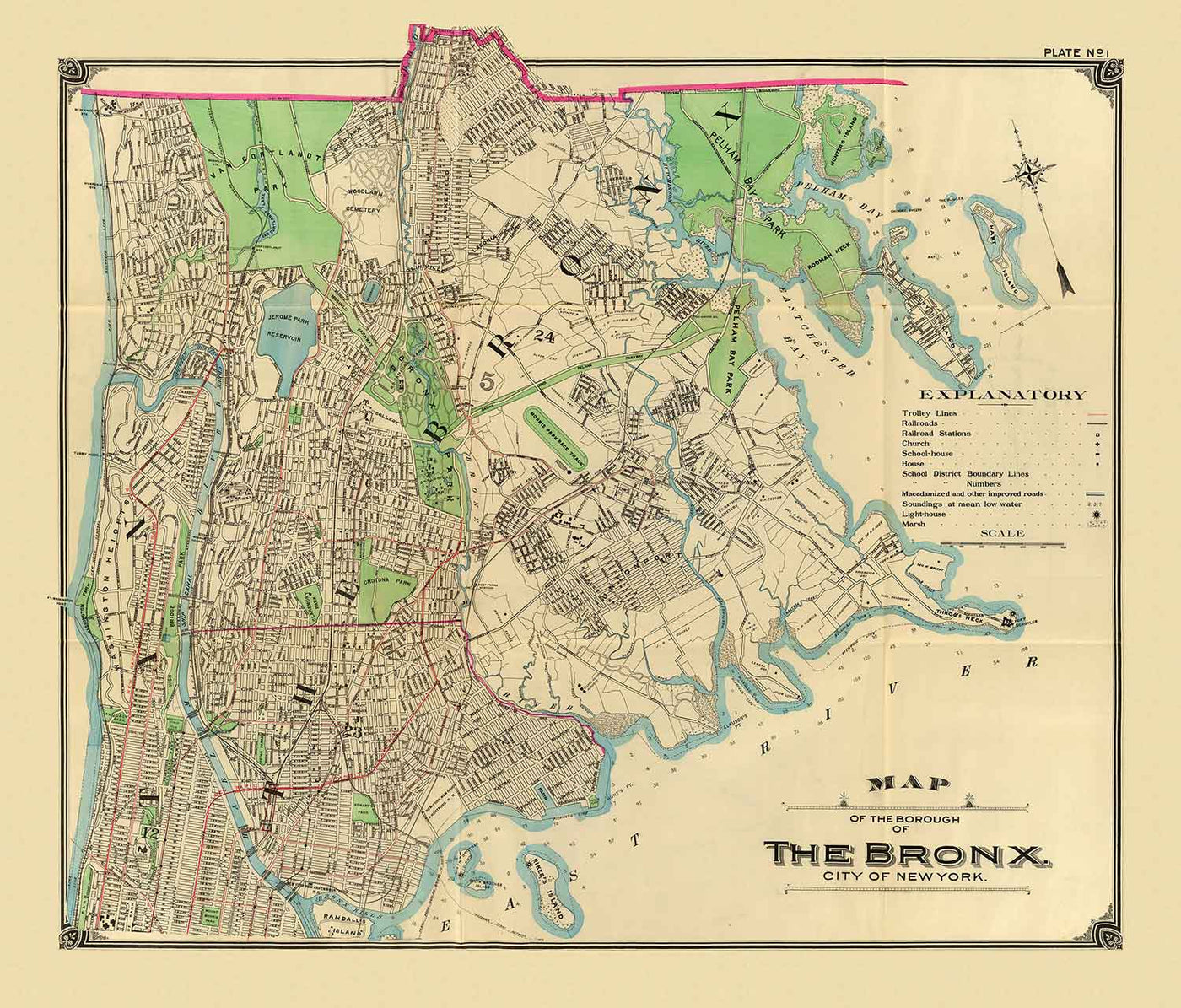 Old Map of the Bronx in 1900 by Hyde and Co. - New York City, Pelham Bay Park, Hunter Island, Botanical Garden, Harlem River