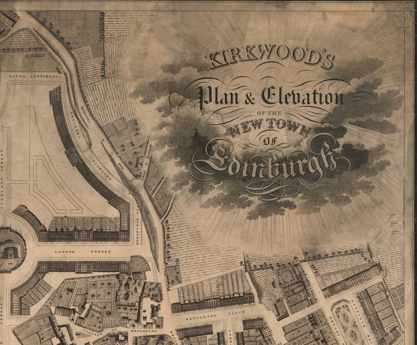 Alte Karte von New Town, Edinburgh im Jahr 1821 von James Kirkwood - Calton Hill, Queen Street, York Place, Prince Street, Great King Street 