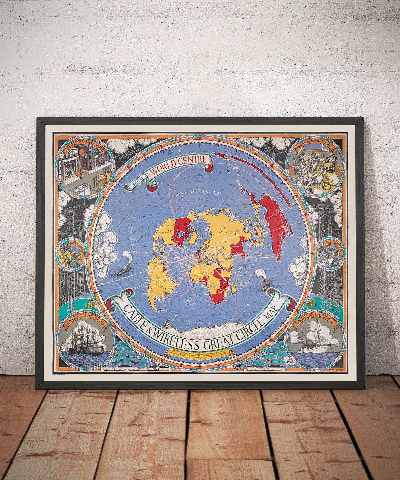 Ancienne carte du Grand Cercle de Cable & Wireless, 1945 par Max Gill - Carte du réseau sous-marin de l'Empire britannique de la Terre plate 