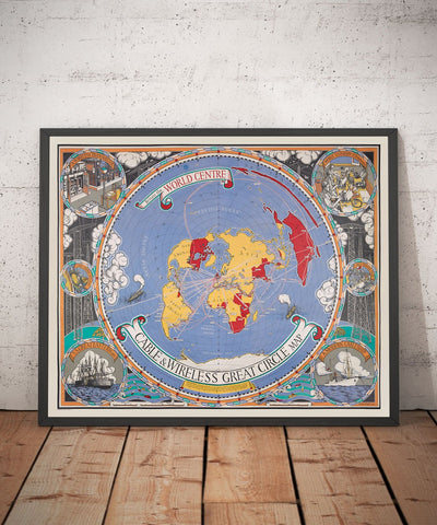 Ancienne carte du Grand Cercle de Cable & Wireless, 1945 par Max Gill - Carte du réseau sous-marin de l'Empire britannique de la Terre plate 