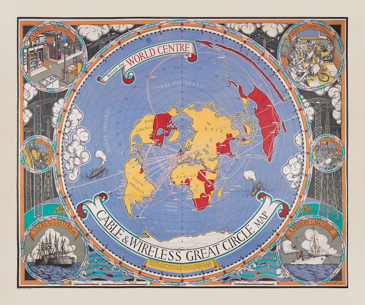 Ancienne carte du Grand Cercle de Cable & Wireless, 1945 par Max Gill - Carte du réseau sous-marin de l'Empire britannique de la Terre plate 