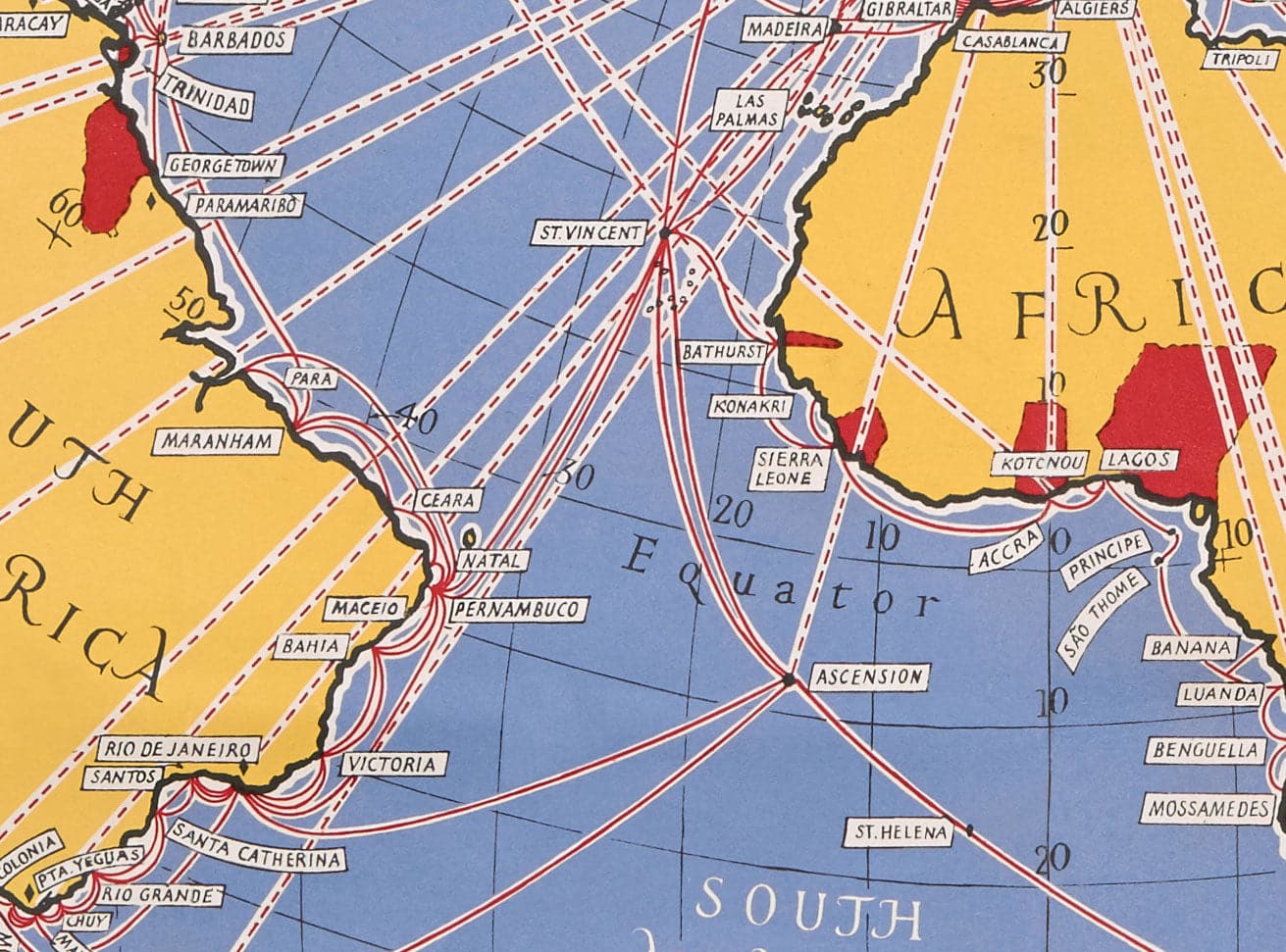 Ancienne carte du Grand Cercle de Cable & Wireless, 1945 par Max Gill - Carte du réseau sous-marin de l'Empire britannique de la Terre plate 