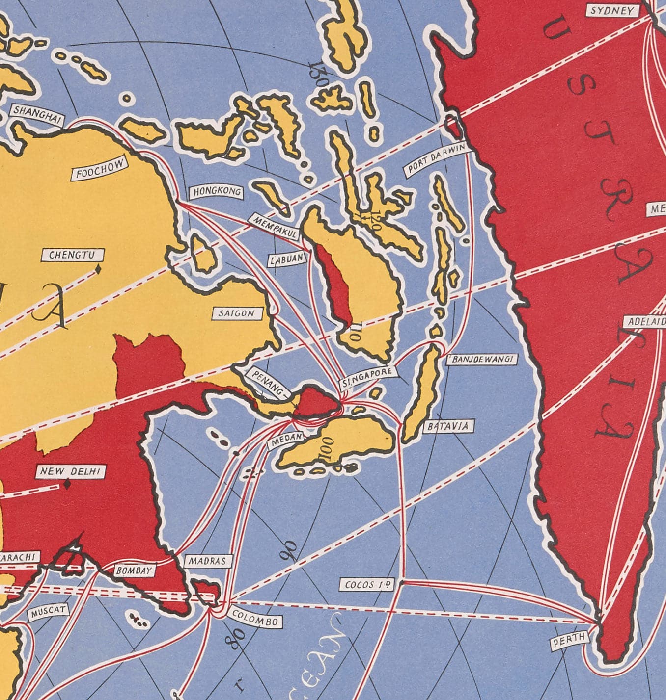 Ancienne carte du Grand Cercle de Cable & Wireless, 1945 par Max Gill - Carte du réseau sous-marin de l'Empire britannique de la Terre plate 