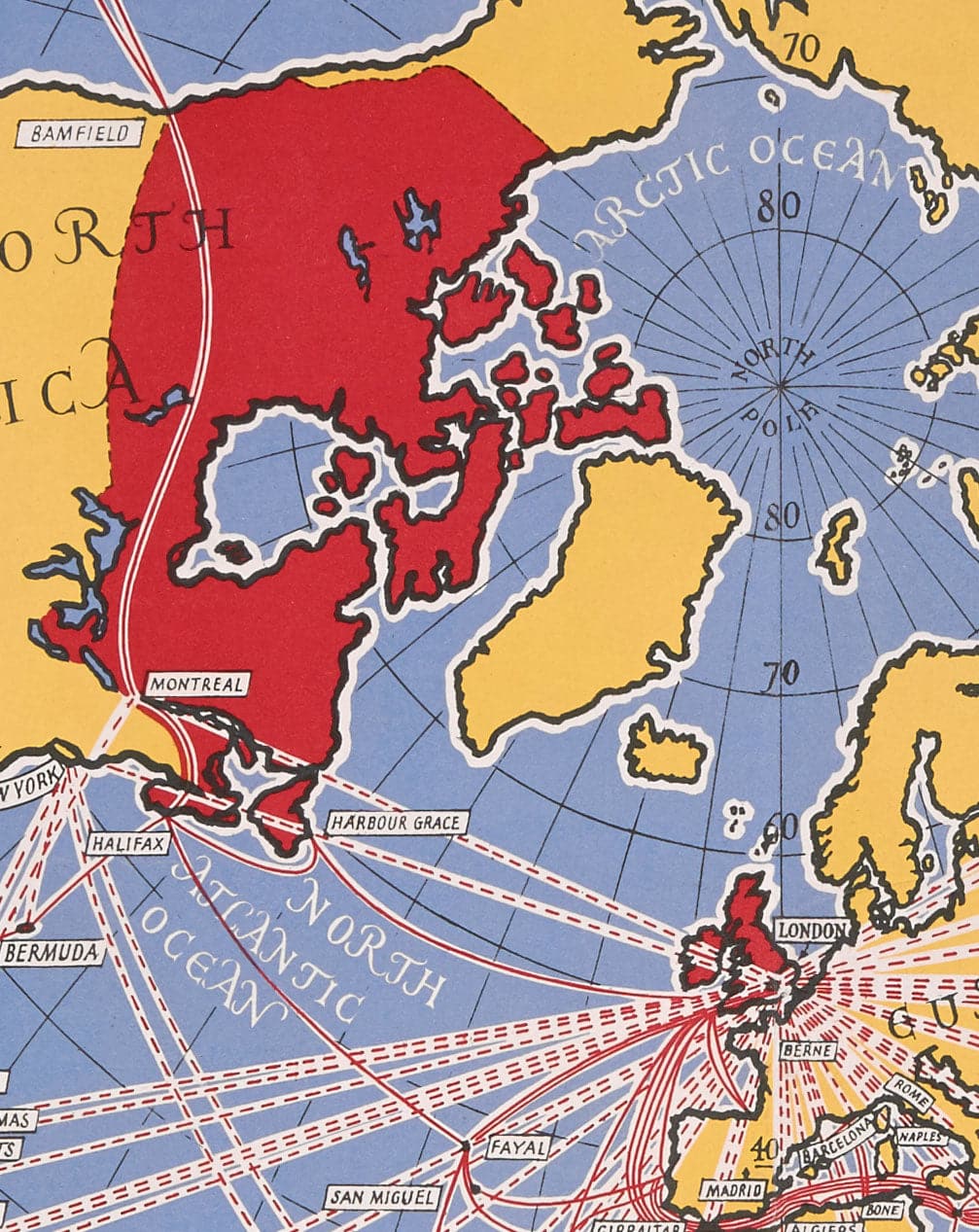 Ancienne carte du Grand Cercle de Cable & Wireless, 1945 par Max Gill - Carte du réseau sous-marin de l'Empire britannique de la Terre plate 