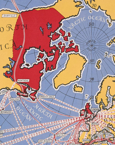 Ancienne carte du Grand Cercle de Cable & Wireless, 1945 par Max Gill - Carte du réseau sous-marin de l'Empire britannique de la Terre plate 