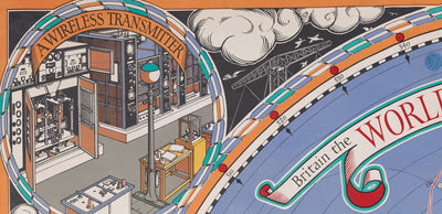 Ancienne carte du Grand Cercle de Cable & Wireless, 1945 par Max Gill - Carte du réseau sous-marin de l'Empire britannique de la Terre plate 