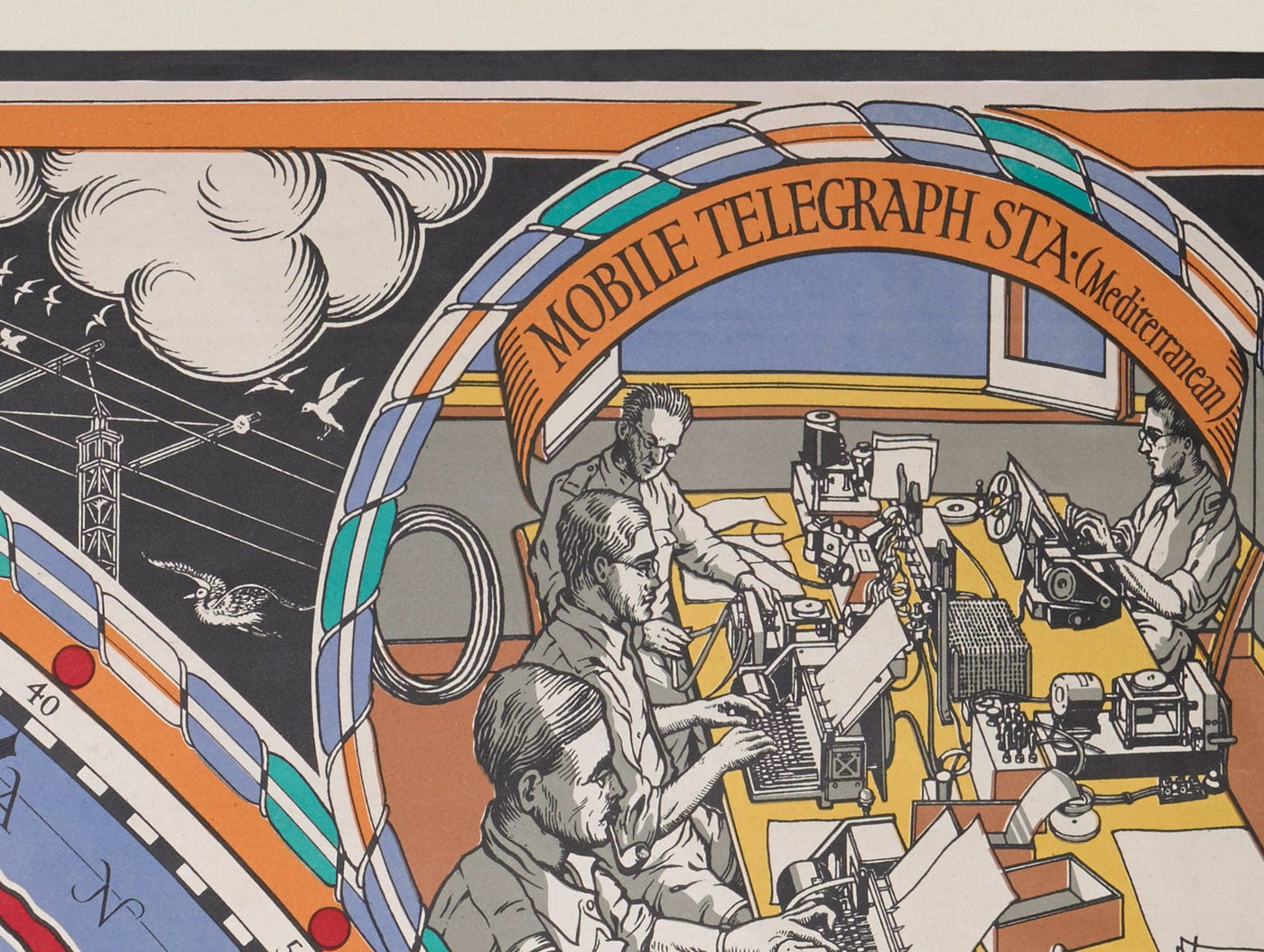 Ancienne carte du Grand Cercle de Cable & Wireless, 1945 par Max Gill - Carte du réseau sous-marin de l'Empire britannique de la Terre plate 