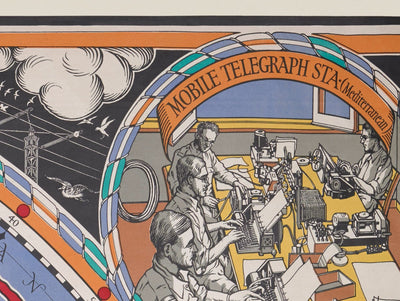 Ancienne carte du Grand Cercle de Cable & Wireless, 1945 par Max Gill - Carte du réseau sous-marin de l'Empire britannique de la Terre plate 
