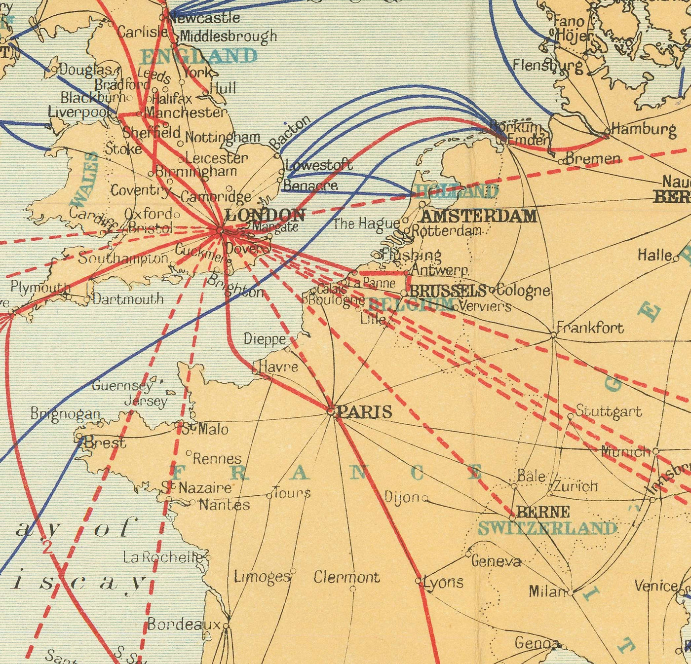 Ancien Carte du monde de câble et sans fil, 1938 - Tableau télégraphique (très tôt) Internet et sous-marin