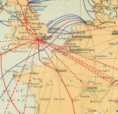 Ancien Carte du monde de câble et sans fil, 1938 - Tableau télégraphique (très tôt) Internet et sous-marin