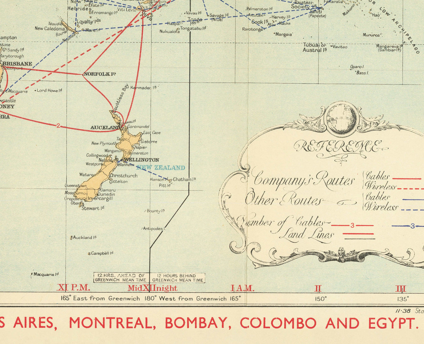 Ancien Carte du monde de câble et sans fil, 1938 - Tableau télégraphique (très tôt) Internet et sous-marin