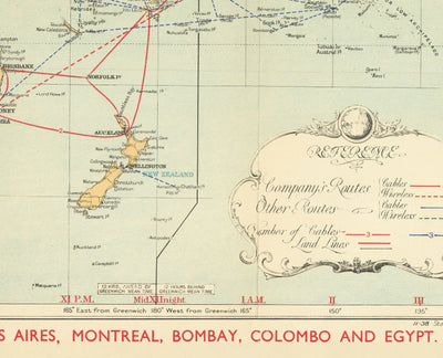 Ancien Carte du monde de câble et sans fil, 1938 - Tableau télégraphique (très tôt) Internet et sous-marin