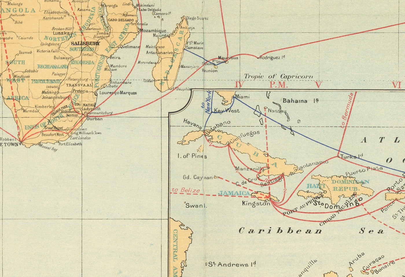 Ancien Carte du monde de câble et sans fil, 1938 - Tableau télégraphique (très tôt) Internet et sous-marin