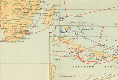 Ancien Carte du monde de câble et sans fil, 1938 - Tableau télégraphique (très tôt) Internet et sous-marin