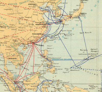 Ancien Carte du monde de câble et sans fil, 1938 - Tableau télégraphique (très tôt) Internet et sous-marin