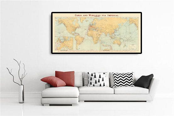 Ancien Carte du monde de câble et sans fil, 1938 - Tableau télégraphique (très tôt) Internet et sous-marin